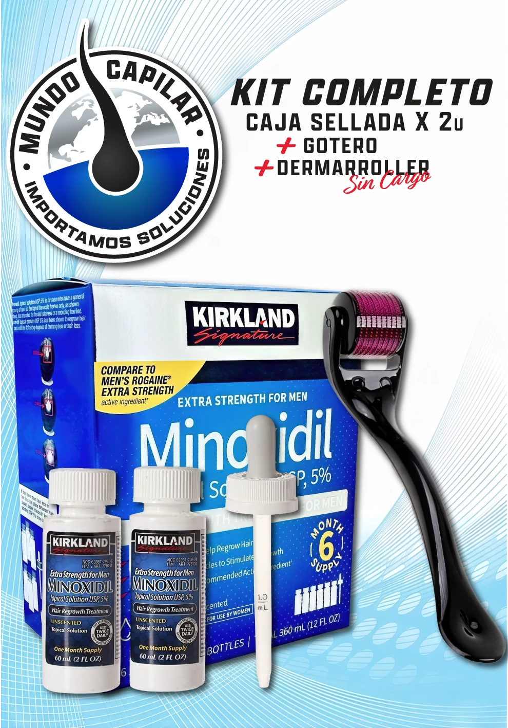 Minoxidil Kirkland 5% – 2 meses de tratamiento (Kit 2 frascos + pipeta)