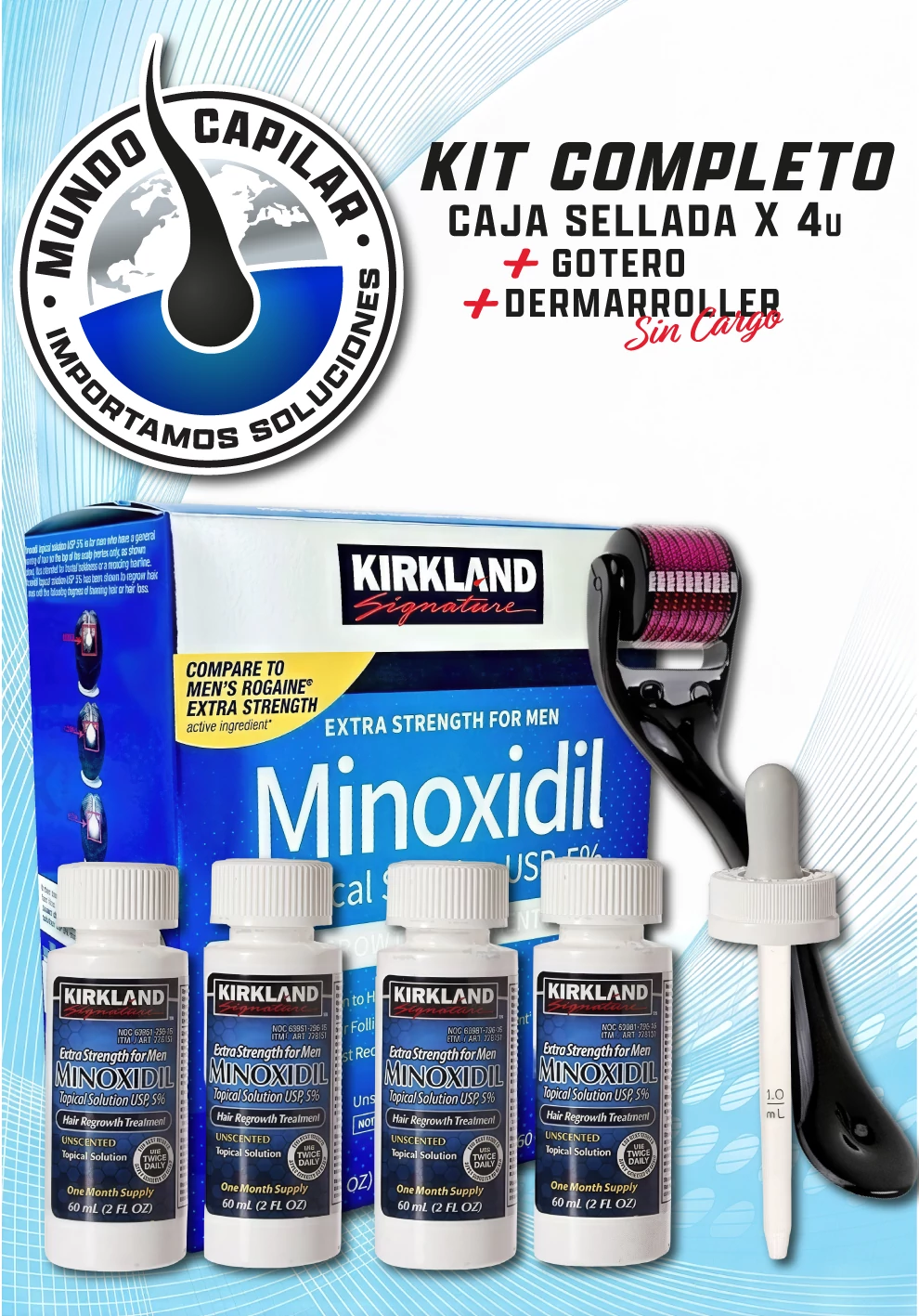 Minoxidil Kirkland 5% – 4 meses de tratamiento (Kit 4 frascos + pipeta)