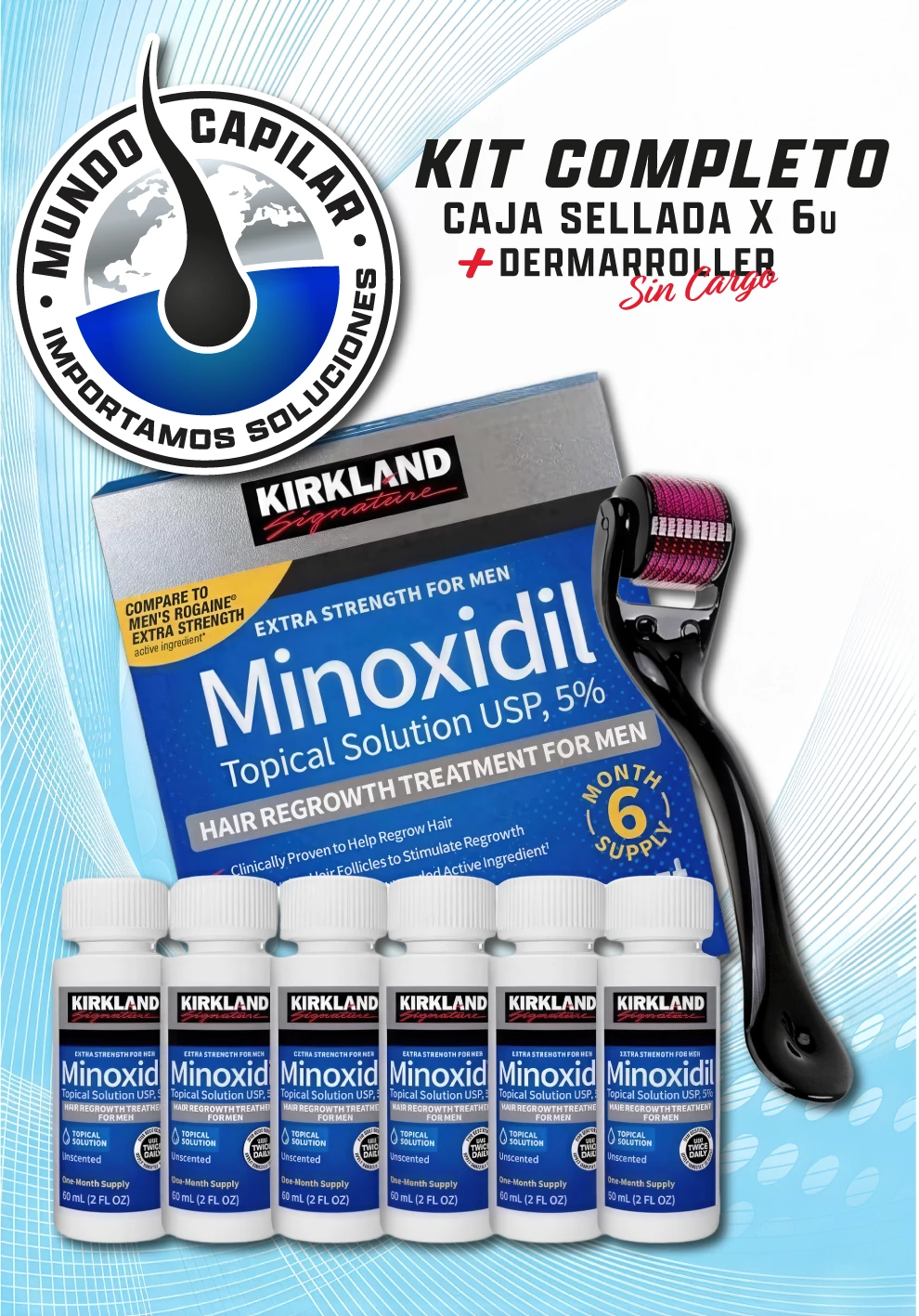 Minoxidil Kirkland 5% – 6 meses de tratamiento (Caja 6 frascos)